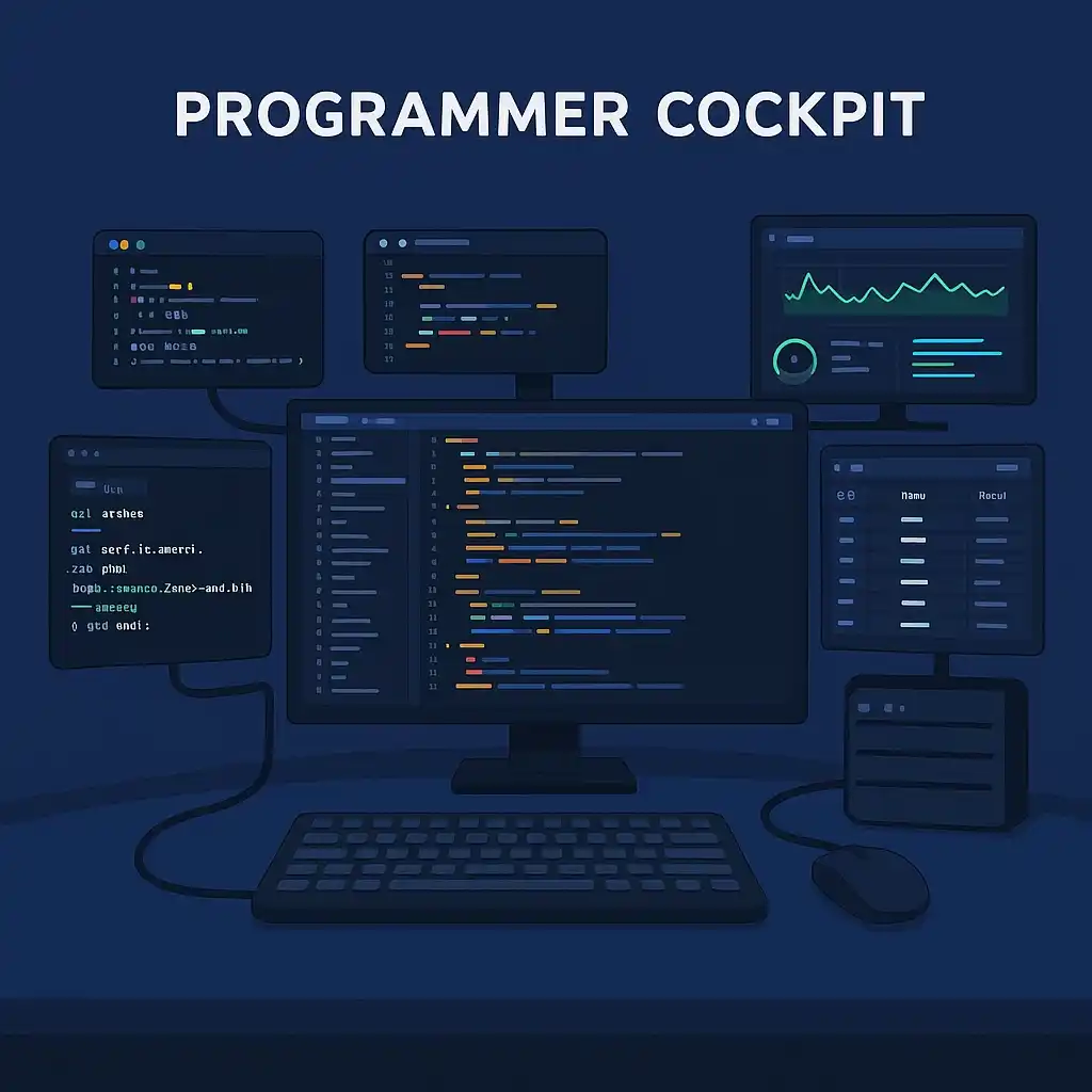 Schermata multi-tasking dello sviluppatore Pro con IDE, CLI, Git, DB, Monitoring